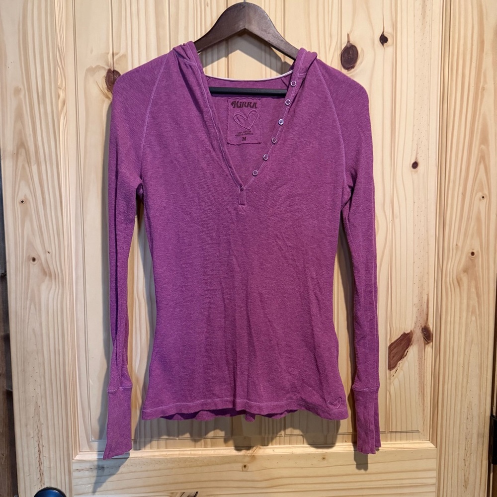 Kirra Womens Purple Waffle Knit Henley Hoodie Long Sleeve Thermal‎ Top Size M